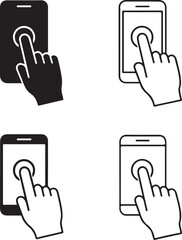 Smartphone icons set, four hand holding mobile icons, black silhouette, outline, filled, thin stroke, minimal line style, editable vector, isolated design, touch screen interaction symbols