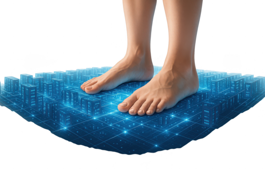 Human feet standing cityscape technology