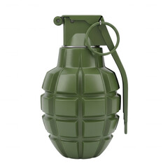 Military fragmentation grenade with pull pin and safety lever detailed close-up studio shot transparent background