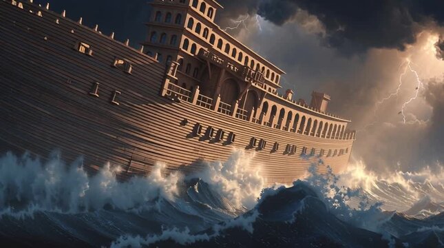 Epic depiction of Noah's Ark sailing through massive storm waves with dramatic lightning illuminating dark clouds in the background
