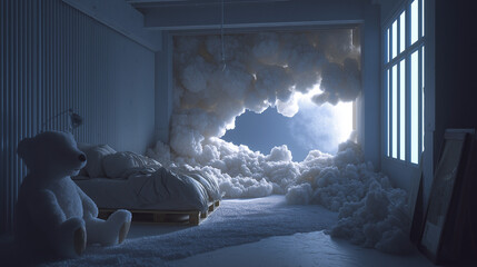 A room with clouds, a bed, and a large teddy bear. Concept of children's dreams, a fairytale world, and surreal magical worlds.