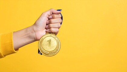 A hand holds a golden medal against a vibrant yellow backdrop, showcasing achievement and success.