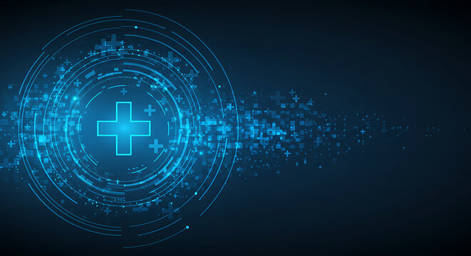 Digital healthcare technology, abstract medical cross icon with a futuristic and technological background, concept of medicine and health.