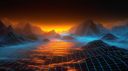 Background with mountains at sunset and a neural network. A technological background on the theme of virtual reality and fully immersive games.