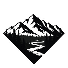 Fototapeta premium Mountain range with winding river and forest in a diamond shape silhouette
