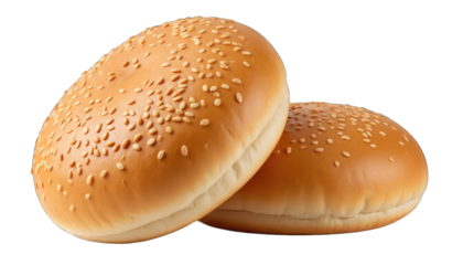 Two Golden Sesame Seed Hamburger Buns on Black Background isolated on a transparent background