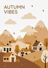 Scandinavian "Autumn" poster art: beige houses and trees in a simple line, flat design, creating a cozy, pastel landscape under a white sky