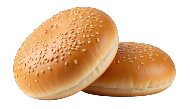 Two Golden Sesame Seed Hamburger Buns on Black Background isolated on a transparent background