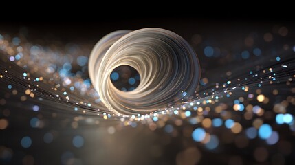 An abstract representation of intertwined data streams, a swirling vortex of information, with a soft, ethereal glow and a dark backdrop