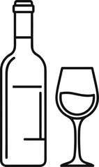 Wine bottle and glass line drawing, black and white vector illustration, minimalist beverage icon, dining, hospitality, celebration design