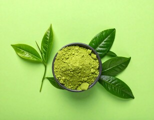 Vibrant Matcha Powder Displayed with Fresh Tea Leaves