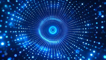 A vibrant blue tunnel of light, composed of concentric circles of glowing dots, radiates outwards creating a mesmerizing, futuristic perspective