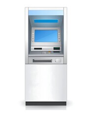 Modern, sleek, and functional, a silver and light-blue ATM stands isolated against a white background.