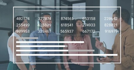 Man in brown shirt raising device and launching tech demo displaying animated data bars updating - Powered by Adobe