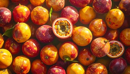 A vibrant overhead shot of numerous ripe passion fruits, with one cut open revealing its juicy pulp and seeds.
