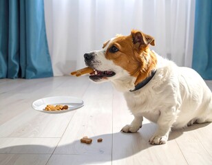 A domestic dog eagerly eats a treat while a plate of more treats hovers above it in a brightly lit interior setting.