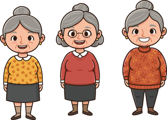 Cartoon elderly women vector illustration with diverse outfits, cheerful expressions, gray hair, standing pose, isolated on white background designCartoon elderly women vector 