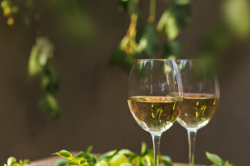 Close-up of white wine glasses with green leaves and grapes on rustic table in soft outdoor light..