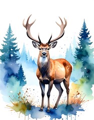 A majestic deer stands amidst a vibrant watercolor forest, its rich brown coat highlighted by spots, set against a backdrop of deep blue and teal.