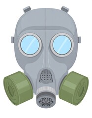 A detailed illustration of a protective gas mask, showcasing a gray metallic shell and light olive green filter cartridges.