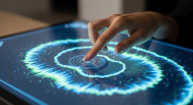 Finger touching a digital screen with a glowing spiral pattern and particle effects displayed on it