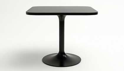 Modern black square table with rounded corners and pedestal base isolated on white background. Minimalist furniture design for contemporary home or office interiors. Clean simple shape.