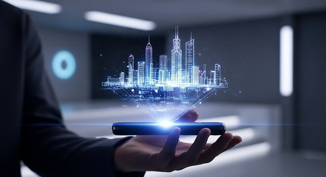 A man holding a smartphone projecting a holographic blueprint of a city skyline in his palm