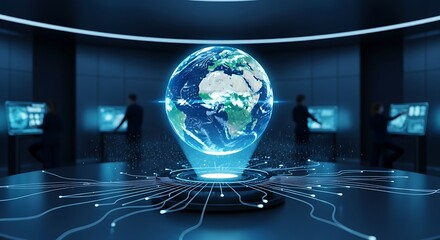 Holographic earth globe display in a dark futuristic control room with people at monitors