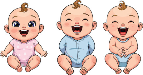 Cute cartoon babies sitting and laughing, happy infant characters, adorable baby illustration, newborn clipart, smiling toddlers in colorful outfitsCute cartoon babies sitting and laughing,