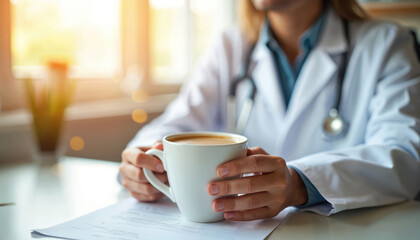 Doctor holding mug of coffee. Medical pro in white coat drinks hot beverage at work. Healthcare worker taking break. Beverage in hands near documents on the table.