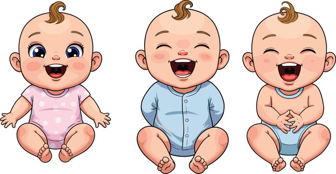 Naklejki Cute baby cartoon, happy infant illustration, adorable toddler clipart, smiling newborn vector, funny children drawing, laughing baby art, cute kids designCute baby cartoon, happy infant illustration,