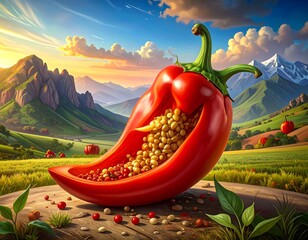 Vibrant pepper encapsulates a picturesque valley scene
