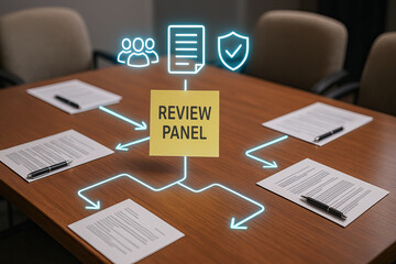 Review panel sticky note on conference table with documents and pens, workflow arrows and icons suggesting team, document, and security, collaborative meeting atmosphere and decision making