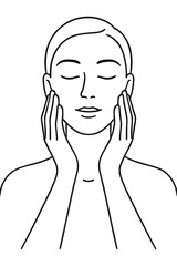 Line art of woman touching face with closed eyes skincare beauty relaxation concept