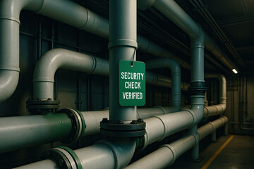 Security check verified pipe industrial pipe metal pipe plumbing pipe utility pipe maintenance tag verification tag green tag pipe flange pipe joint mechanical room industrial corridor facility