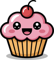 Vector art of adorable cupcake cartoon this sweet illustration features a smiling cupcake with a cherry on top, perfect for birthday cards, bakery promotions, or any design needing a touch of cuteness