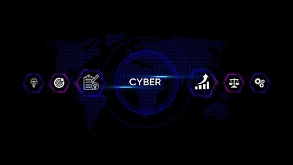 Cyber security concept with global network and abstract icons for strategy and data technology