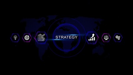 Digital strategy icons with world map background and glowing blue circle business planning