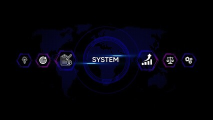 Digital system concept with icons for idea target checklist growth balance and gears on dark background with world map