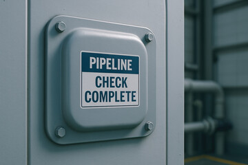 Pipeline control panel with metal access cover and inspection label indicating completion of system check, industrial piping visible in background