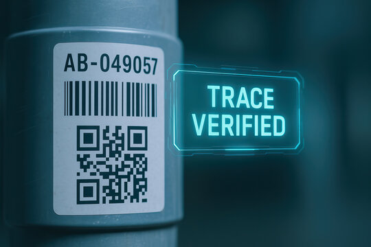 Trace verified label with barcode and QR code on industrial pipe in dimly lit facility conveying secure supply chain tracking and quality assurance