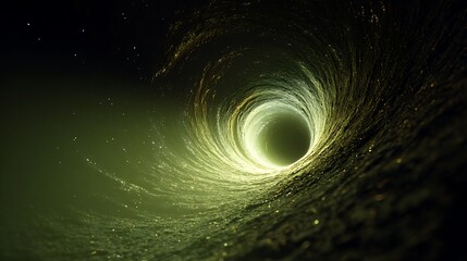 Artistic rendering of a swirling vortex with glowing particles, creating a mesmerizing and dynamic abstract space scene in green tones