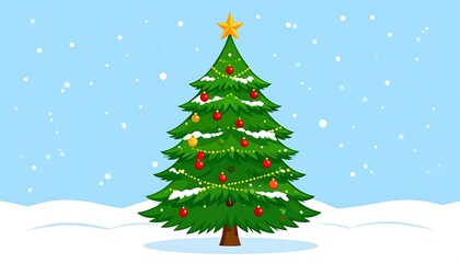 A vibrant Christmas tree adorned with colorful ornaments stands proudly in a snowy landscape against a light blue sky, evoking a festive and serene winter scene.