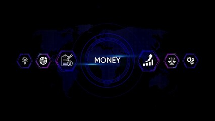 Digital world map with glowing icons representing business finance and strategy concepts