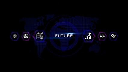 Futuristic digital interface with icons representing business strategy and global connection future technology