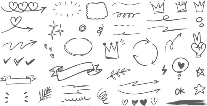 De getrokken reekselementen van de hand, zwart op witte achtergrond. Pijl, hart, liefde, toespraakbel, ster, blad, zon, licht, controletekens, kroon, koning, koningin, Swishes, swoops, nadruk, werveli