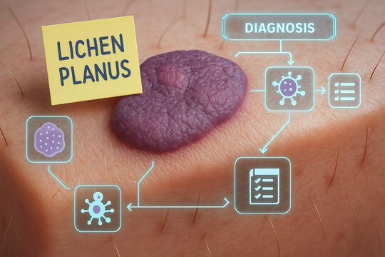 Lichen planus skin lesion on hairy forearm with diagnostic icons and medical flowchart, close up clinical dermatology image showing purple raised plaque and textured skin
