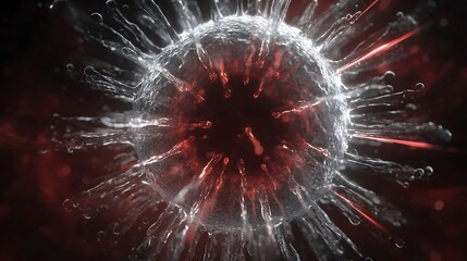 Detailed microscopic view of a virus cell, highlighting its structure and potential impact, suitable for medical or scientific context