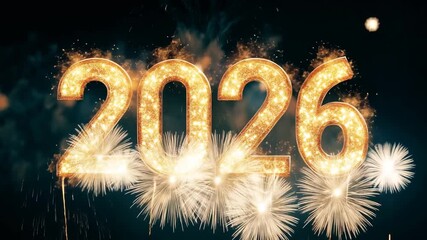 Golden 2026 numbers glowing brightly amidst a vibrant explosion of fireworks for new years eve 4k video - Powered by Adobe