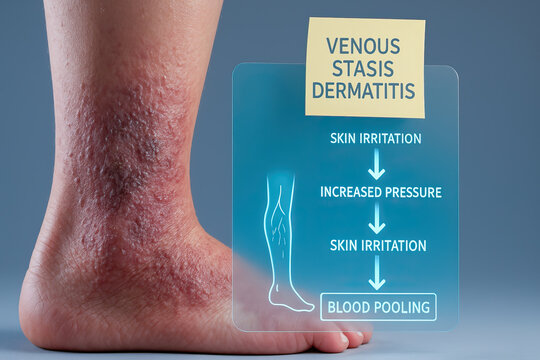 Venous stasis dermatitis on lower leg with red inflamed skin, rash and swelling, medical diagram overlay showing skin irritation, increased pressure and blood pooling
